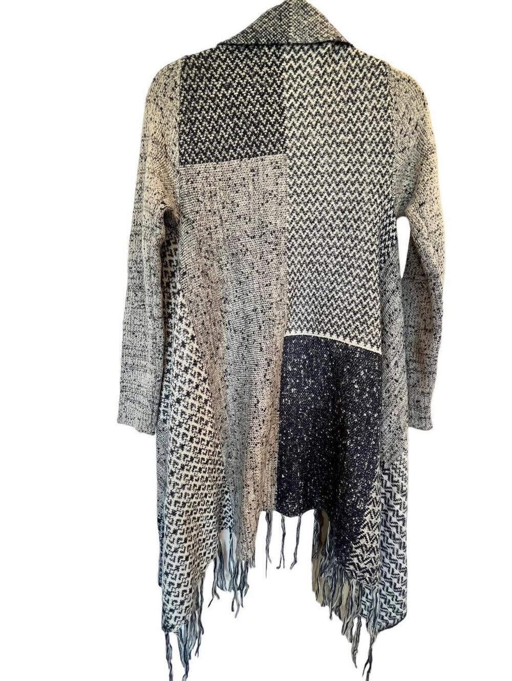 Knox Rose Fringe Cardigan Women Sweater Navy Blue White Boho Patchwork Knit Sz S